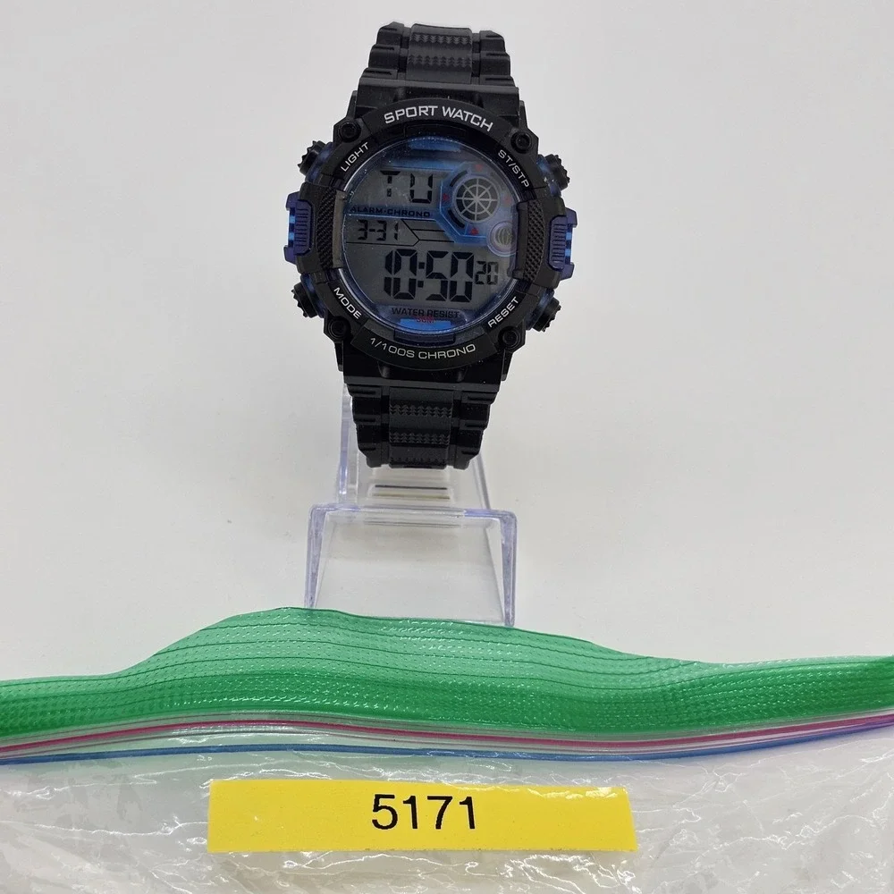 Men's Sports‎ Digital Watch 50MM Day Date Light Black Plastic Bands Working